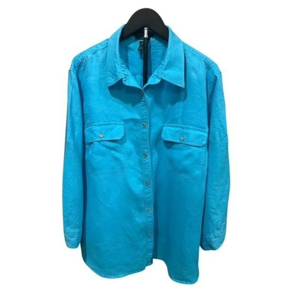 Lauren Ralph Lauren Womens Blouse Size 3X Blue Turqouise Solid Linen Long Sleeve